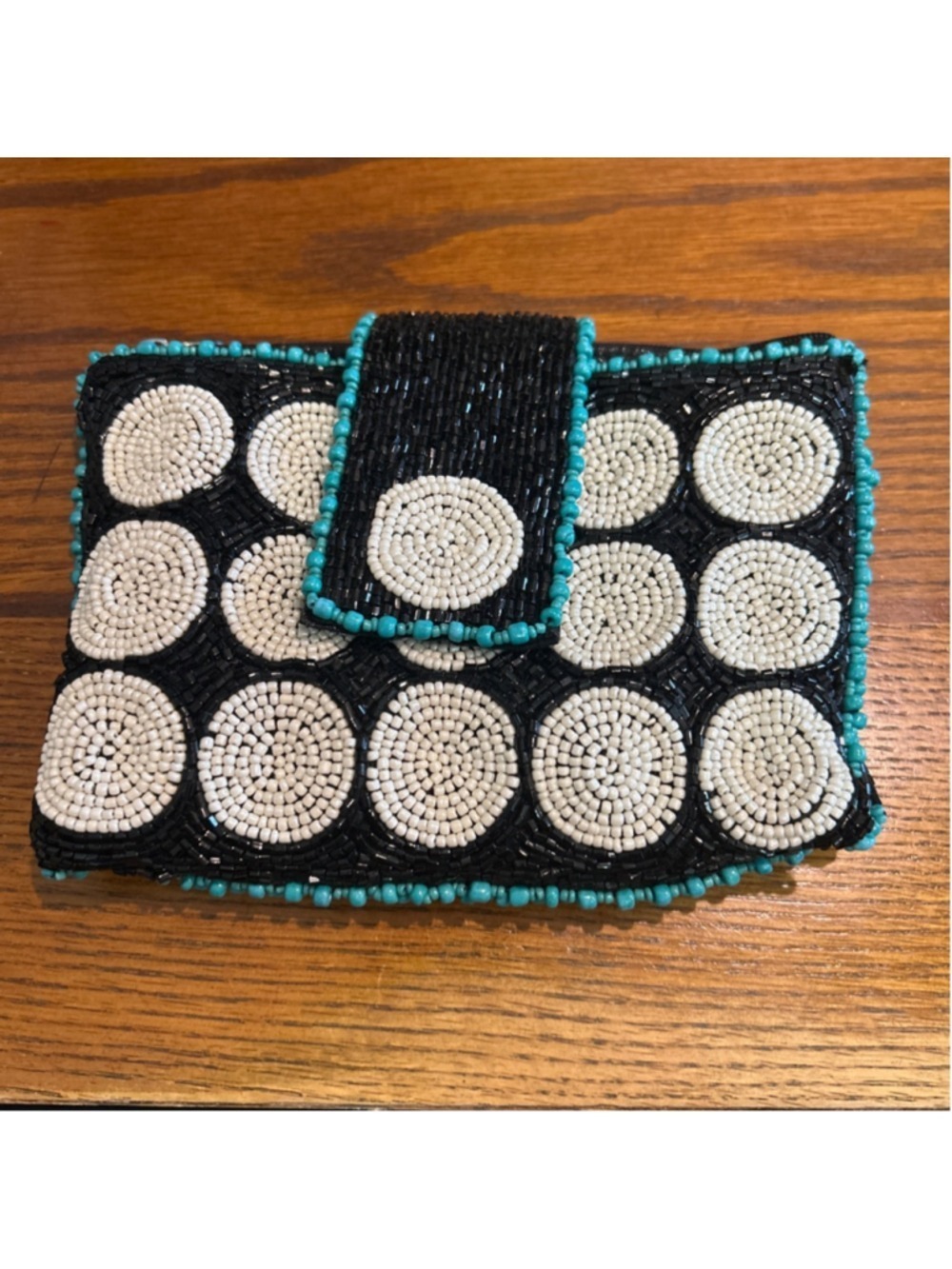 MARY FRANCES Beaded Polka Dot Clutch Black White turquoise w/crossbody strap